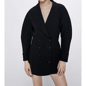 Zara Women's Black Double Breasted Notch Collar Tuxedo Blazer Jacket Dress Sz S